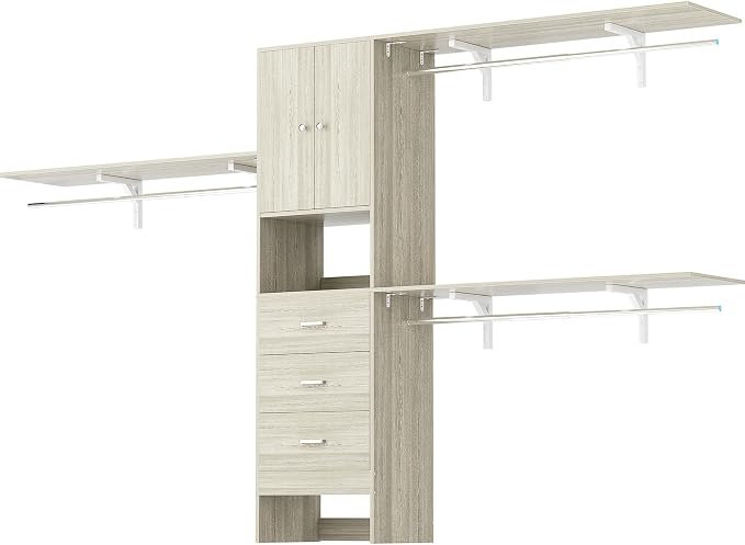 120 Inches Closet System With Doors, 10FT Walk In Closet Organizer with 3 Shelving Towers, Heavy Duty Clothes Rack with 3 Drawers, Built-In Garment Rack, Max Load 1300 LBS, White Oak