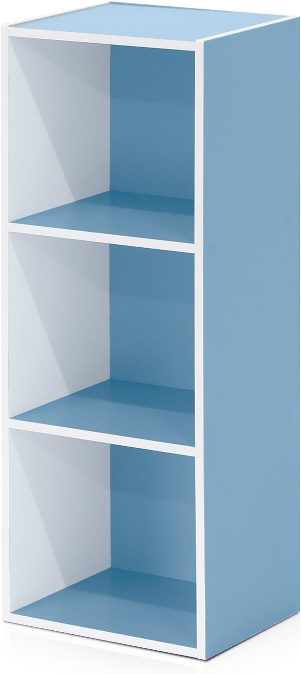 Furinno LUDER Book Shelf, 3-Cube Bookshelf, Bookcase with Open Shelves, 9.3 x 12 x 31.5, Easy Assembly, for Living Room, Bedroom, Home Office, White/Light Blue