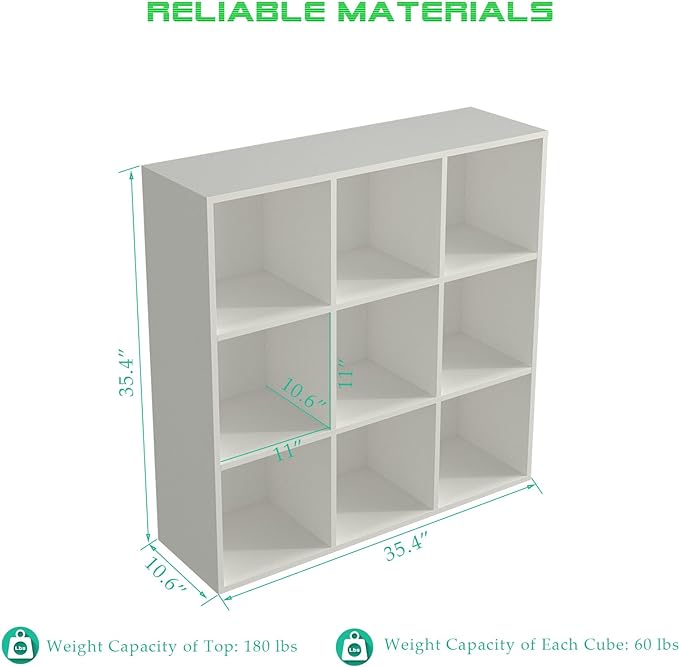 OSCHF 9-Cube Storage Shelf Bookcase, Warm White | Wooden 3-Tier Open Bookshelf, Fits 11×11" Bins, Vertical or Horizontal Use, Full Back Panels, For Home Office