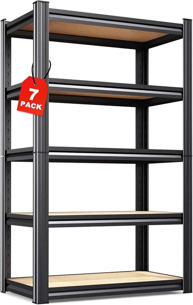 7-Pack 5-Tier Heavy Duty Metal Shelving Units, 71" H x 28" W x 12" D, Adjustable Steel Storage Racks for Garage, Warehouse, Industrial, and Home Organization, 1900 lbs Capacity，Black
