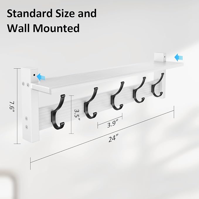 Optish Coat Rack Wall Mount with Shelf, 24 Inch Coat Hanger Walls Mounted, Hat Rack for Walls, Shelf with 5 Coat Hooks, Wall Hanger for Entryway (White)