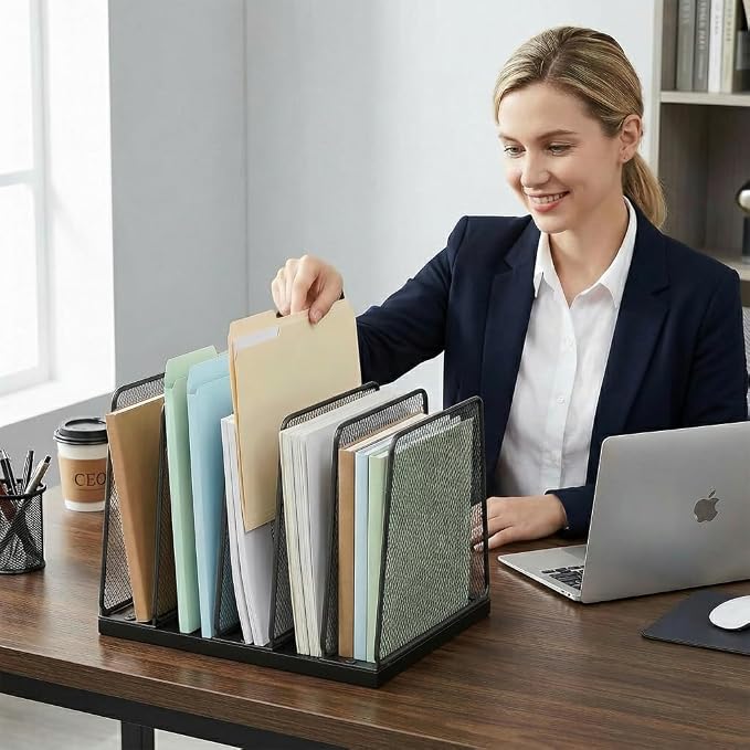 5-Section Vertical File Organizer for Desk, Sturdy Wood Base & Metal Mesh Desktop File Holder, Upright Paper Folder Sorter for Office Supplies（Black）