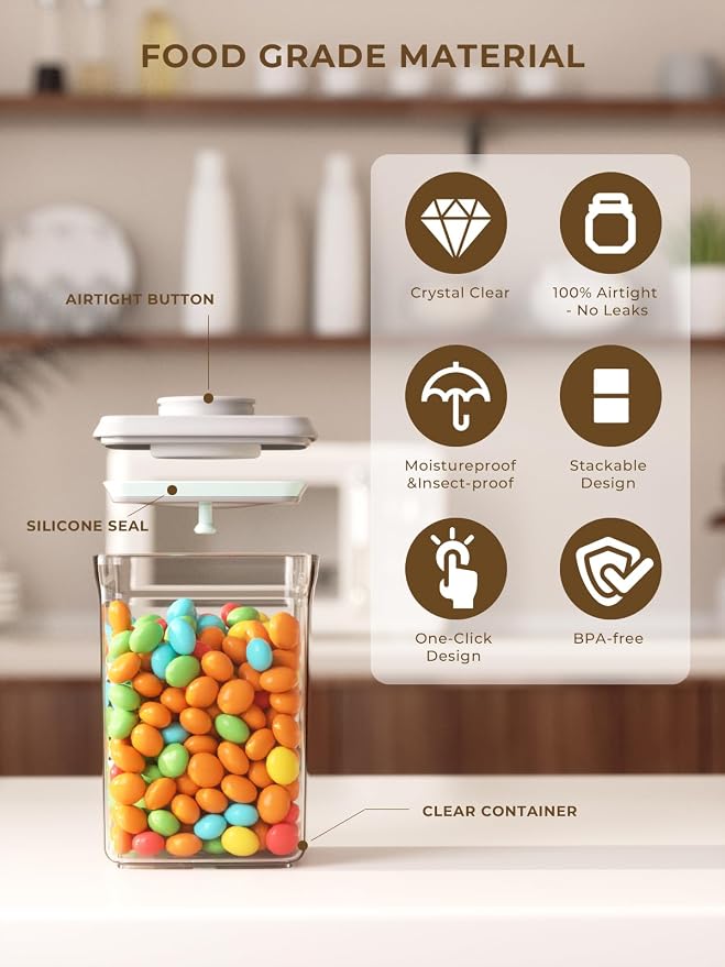 Pop Top Food Storage Containers, 0.5 Qt & 1.5 Qt Airtight Jars | Clear Stackable Kitchen Jars for Oats, Coffee, Sugar, Nuts and Snacks, Designed for Breakfast Stations and Small Cabinets