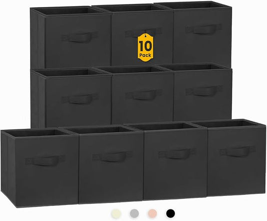 Criusia Storage Cubes, 11 Inch Clothes Storage Bins for Shelves Closet (10 Pack), Fabric Collapsible Storage Bins with Dual Handles, Cubby Storage Baskets for Magazines, Dorm Essentials (Black)