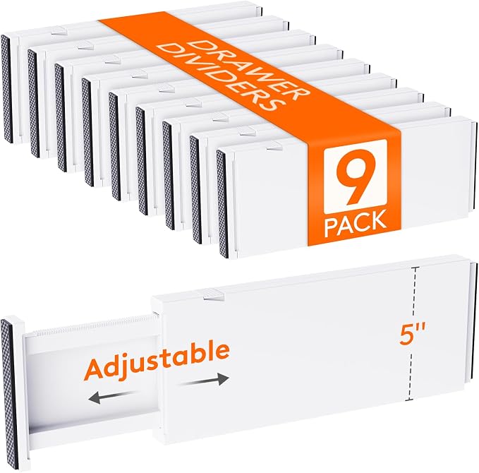 Lifewit 9 Pack 5" High Drawer Dividers 34-56cm/13.5-22" Adjustable Drawer Organizer for Clothes/Utensils, Expandable Drawer Separator in Dresser/Kitchen/Bedroom/Office Organization & Storage White