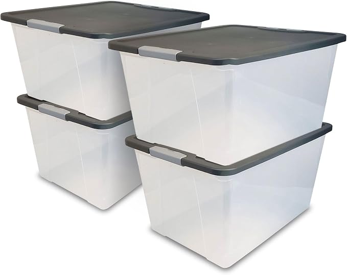 HOMZ 4-Pack Secure Latch, Clear Plastic Storage Organizer Bins, 64 Quart, Gray Lid - Stackable Container Boxes for Bedroom, Bathroom, Garage, and Office Organization