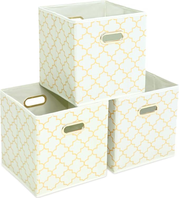 Fabric storage bins Cubes, Fabric Cube Organizer with Handle, Foldable Cube Bins for Cloth or Accessary Storage, 11x11x11, Set of 3, (Creamy-White Gold)