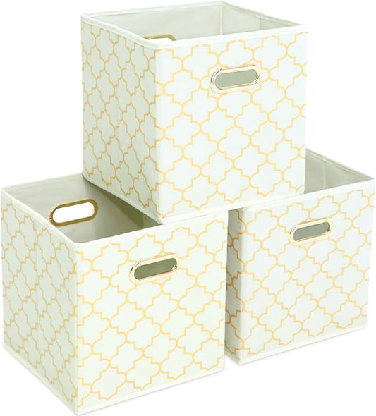 Fabric storage bins Cubes, Fabric Cube Organizer with Handle, Foldable Cube Bins for Cloth or Accessary Storage, 11x11x11, Set of 3, (Creamy-White Gold)