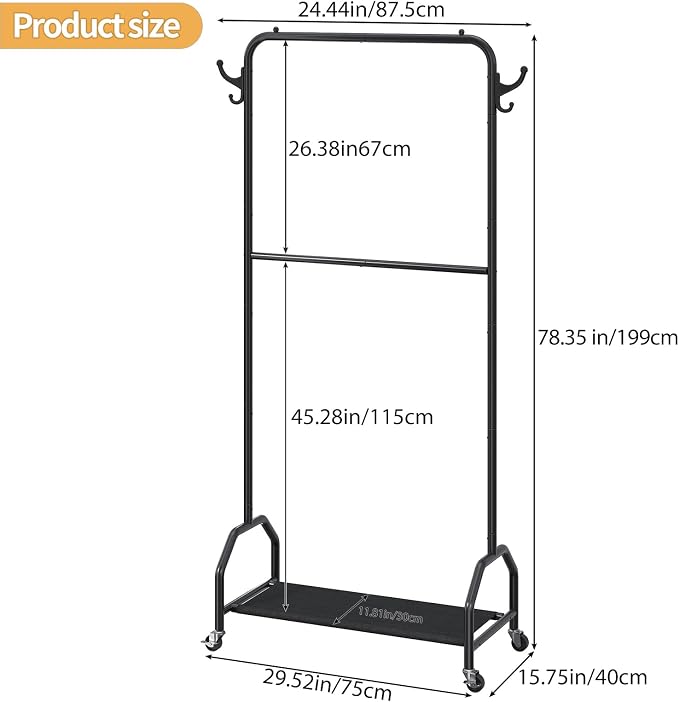 EVLIQUIL Double Hanging Garment Rack with Wheels, Hooks and Shelf, Black | Double Hanging Design and Smooth-Rolling Wheels with Open shelf offers additional storage for shoes, boxes or baskets.