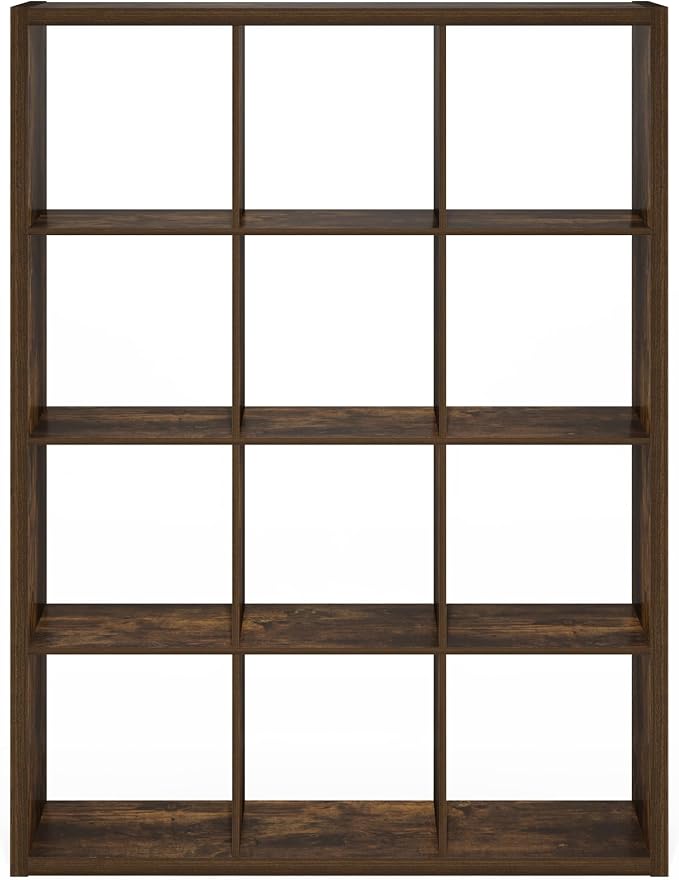 Furinno Cubicle Book Shelf, 12-Cube Bookshelf, Extra Thick Frame Reversible Bookcase with Open Back, 14.6" x 44" x 58", for Living Room, Bedroom, Home Office, Amber Pine