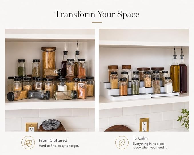 Pack of 2, Expandable 3 Tiered Spice Rack Organizer for Cabinet and Kitchen Pantry Shelf - Non-Slip Shelves for Spices, Seasoning, Canned Food, Medicine Cabinet Organizer - Includes Silicone Funnels