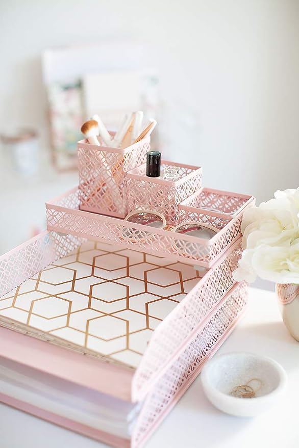 BLU MONACO | Pink Desk Organizer Set for Women 6 Piece | Mail Sorter Organizer Countertop with Letter Trays | Standing File Organizer with Mesh Pen Holders