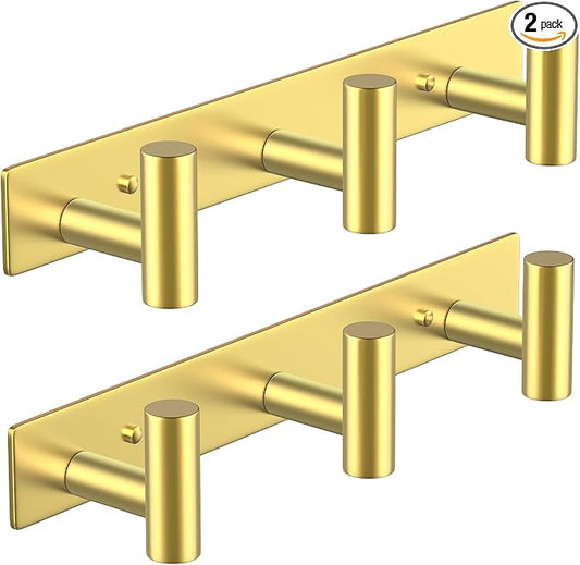 PMMASTO Stainless Steel Coat Rack Wall Mounted, Heavy Duty Metal Hook Rail for Hanging Coats Hats Towels Robes Bags, Modern Wall Hooks Organizer (Gold, 3 "T Hooks, 2 Pack)
