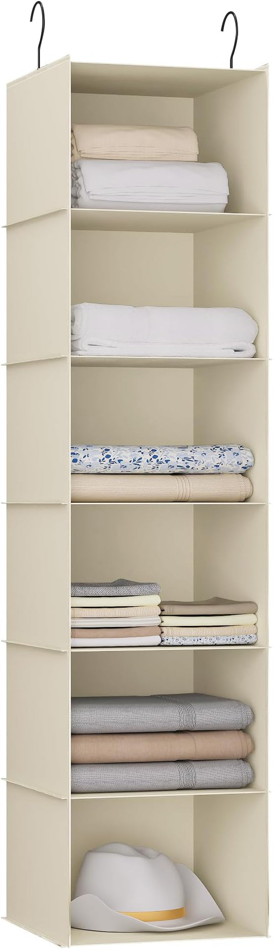 Hanging Closet Organizer 6-Shelf, Oxford Fabric Wardrobe Storage, Beige | Easy-mount foldable design holds clothes, handbags, shoes & accessories; washable Oxford fabric, sturdy and space-saving.