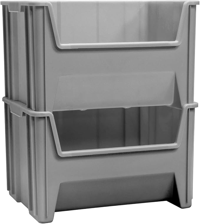 Akro-Mils 13017 Stak-N-Store Stackable Storage Bins, Heavy Duty Garage Storage Containers, Open Front Plastic Organizer for Tools, Shelves, Closet Organizer, 15" x 20" x 12-1/2", Grey, 3-Pack