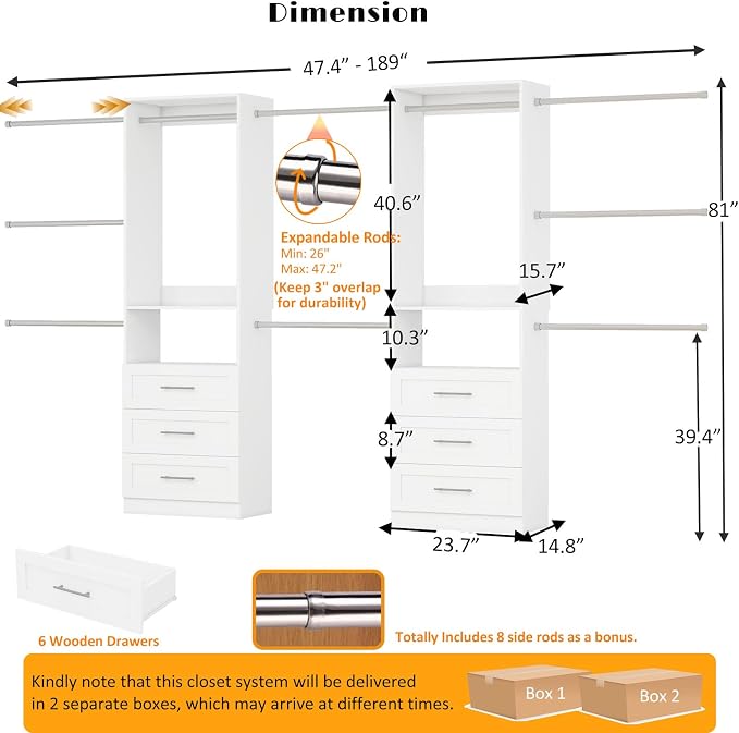 Closet System with Drawers, closet organizer system,2 Sets 4-15FT | 6 Wooden Drawers Storage, 10 Expandable Hanging Rods,Wall Mount, White