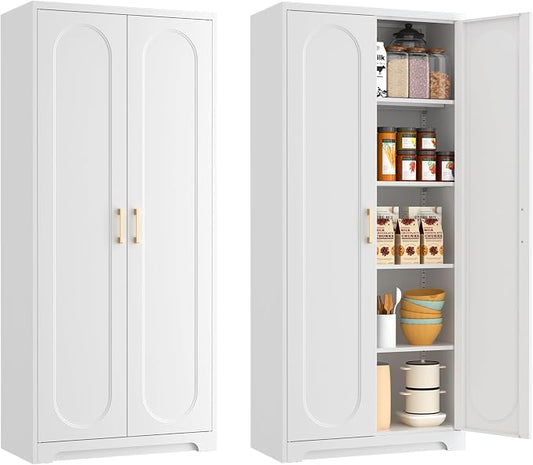 Polup 71" White Metal Kitchen Pantry Storage Cabinet with Doors and Shelves | Freestanding Cupboard, Cold-Rolled Steel, 5-Tier Heavy Duty, Adjustable Shelving, Gold Handles, for Garage Office & Laundry