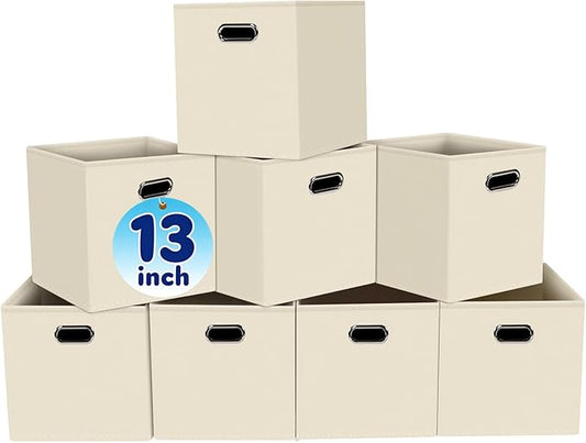 Fabric Cubby Storage Bins,13x13x13 Inches ,Cube Organizer Bin Foldable Storage Boxes with Dual Handles Fabric Organizer Box and collapsible Storage basket,Set of 8,Creamy-White
