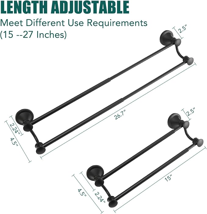 Hoimpro Double Towel Bar Towel Rack for Bathroom Holder Wall Mounted Black | Adjustable 16-26 In,Matte Black Wall Mounted, Stainless Steel, Rustproof, Towel Bar Rod Hanger Hardware Accessories Hotel