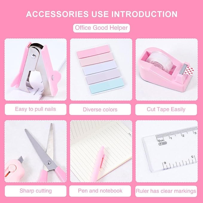 Gawsey Desk Organizers and Accessories with Desk Organizer 360° Rotating Pen Holder and Office Supplies, Cute Stationery Supplies Set (Pink)