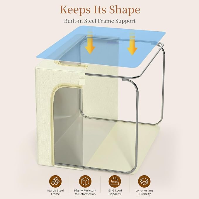 GoMaihe Blanket Storage Bins with Metal Frame for Closet, 55L 6-Pack Beige | Winter Coat Clothing Comforters Bedding, Closet Top Shelf Organizer, Collapse-Proof Stackable, Clear Window Dual Access