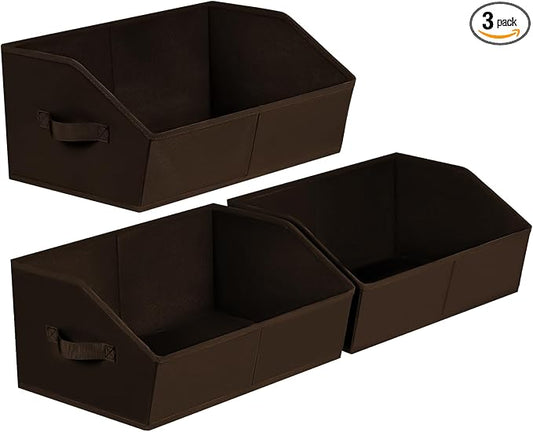 Homsorout Closet Baskets for Shelves Trapezoid - Decorative Storage Baskets with Handle, Closet Bins for Organization, Shelf Storage Bins for Clothes, Books, Home, Office, 3 Pack, Brown