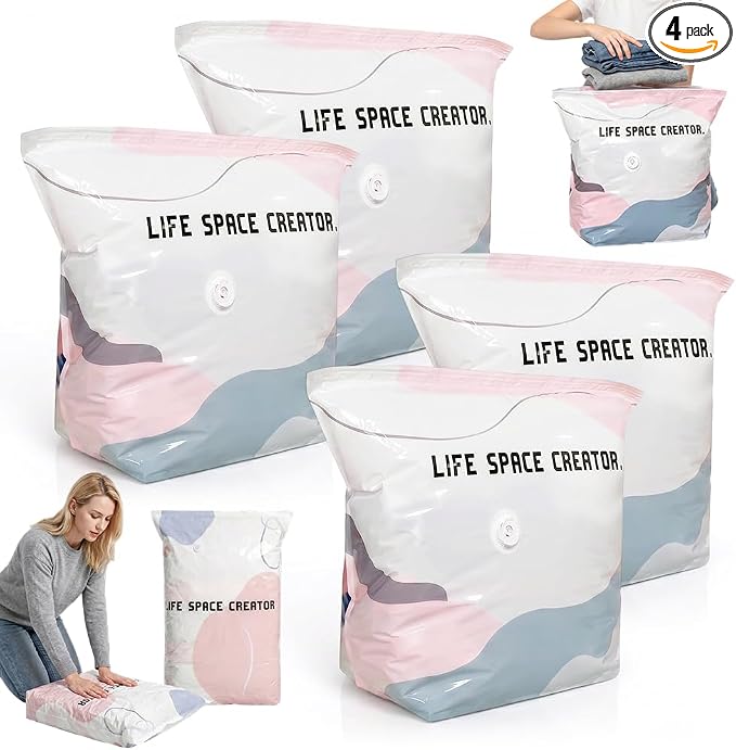 No-Pump Vacuum Storage Bags, Upgraded 3D Vacuum Storage Bags, Portable Large Clothes Compression Bags for Household Use, Convenient Cube Storage Bag for Clothes, Comforters, Blankets (4, 19.6*27.5in)