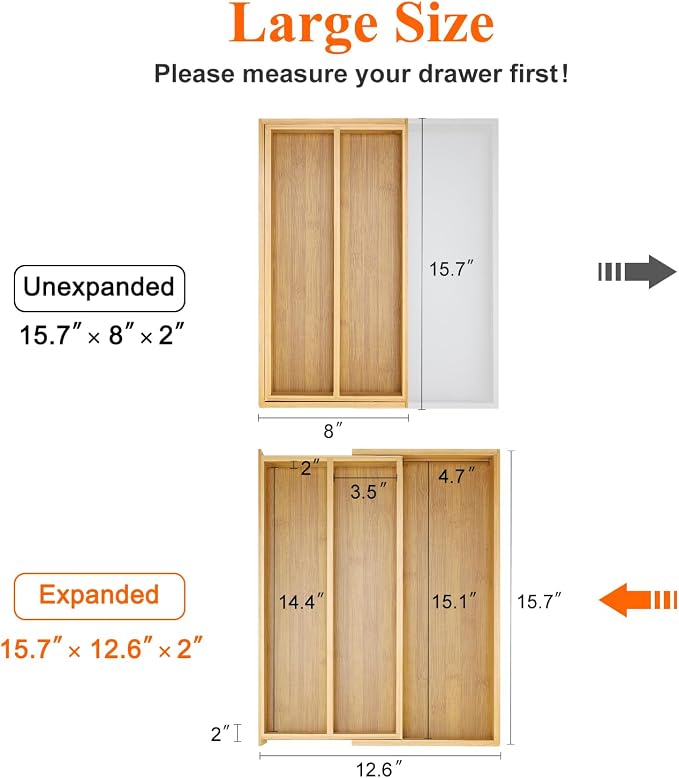Large Bamboo Kitchen Utensil Drawer Organizer Expandable Silverware Tray | Big Cooking Utensil Drawer Divider Spoon Flatware Organizer Storage Adjustable Wooden Cutlery Holder Tool Knife Spatula Tray