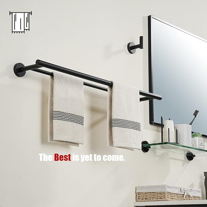 JQK Double Towel Bar 27 Inch, Matte Black Useable Length 24 Inch 304 Stainless Steel Thicken 0.8mm Bath Towel Rack for Bathroom, Towel Holder Wall Mount 2 Pack, TB100L24-PB-P2