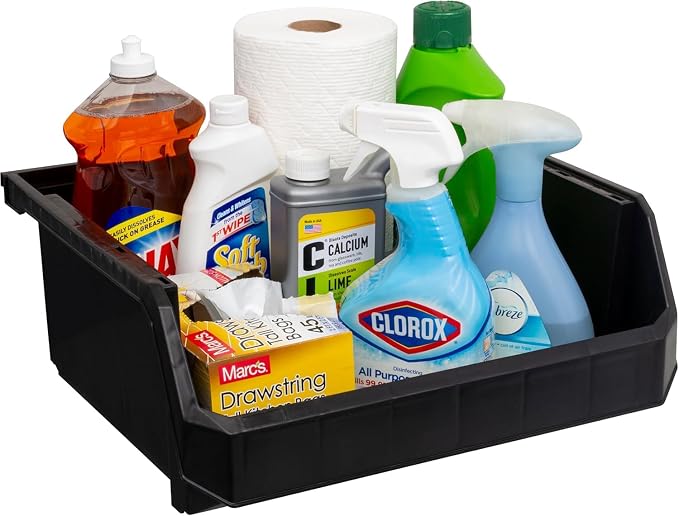 ReadySpace Extra Large Plastic Storage Bins, Stackable Organizer Containers for Closet Pantry Shelf Garage and Office Organization, Black, 4 Pack | Open-Front Stackable Bins For Garage, Pantry, Closet & Office, 14,8"L X 16,5"W X 7"H, Nests When Empty, ...