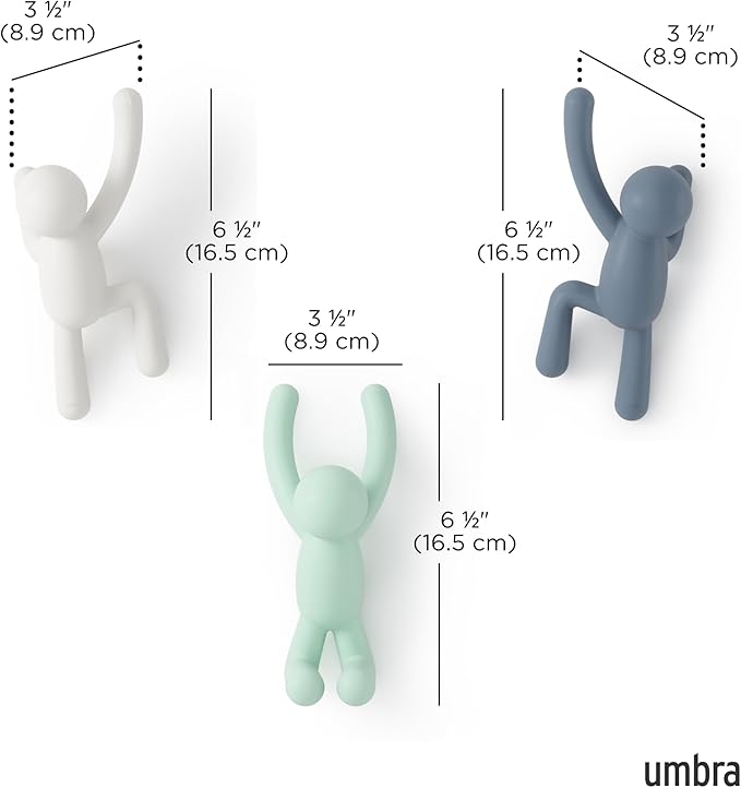Umbra Buddy Wall Hooks, Wall Mount Coat Hooks, Set of 3, White/Mint/Blue | Easy install with hardware, holds 5lbs per hook, entryway bedroom bathroom dorm, playful hanging storage, recycled plastic
