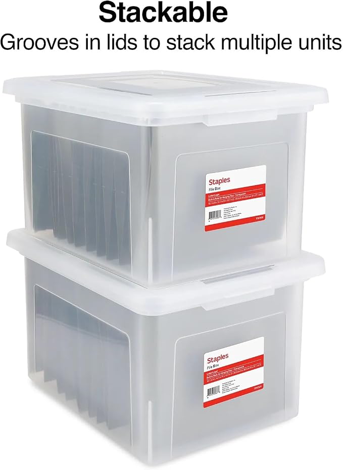 STAPLES Plastic File Box with Snap Lid, Letter/Legal Size, Clear, 4/Carton | Stackable storage box keeps hanging files organized and protected. Pack of 4.