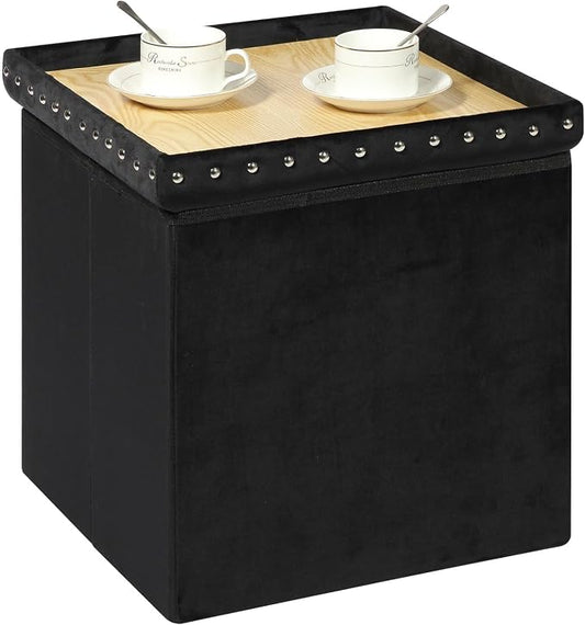 B FSOBEIIALEO Storage-Ottoman Cube-Folding Tufted - Ottomans with Storage, Coffee Table Top Cover, Storage Boxes Footrest Stool for Bedroom, Luxury Velvet Fabric 15.7 Inches Black