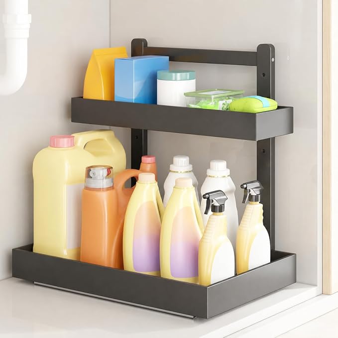 Bamboo Under Sink Organizer, 2-Tier Pull Out Cabinet Organizer | Kitchen Sink Organizer | Bathroom Cabinet Organizer | Cleaning Supply Storage | L-Shape | 3-Level Adjustable | Natural Bamboo