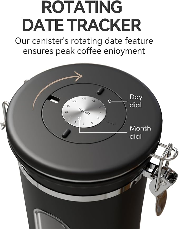 Veken Coffee Canister with Window, Airtight Stainless Steel Container, 22OZ | Kitchen Food Storage Organizers for Beans,Ground,Espresso,Rice,Tea,Sugar,Bar Accessories,Gifts,Jars, Scoop,Black