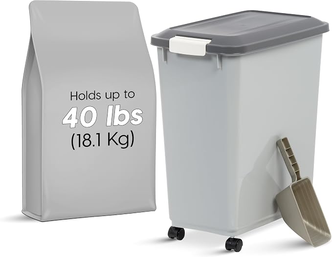 IRIS USA Dog Food Storage Container, Up to 40 lbs, Gray/Dark Gray | Made in USA, Comes with Wheels & 2-Cup Scoop, Airtight Seal, BPA-Free, Bird Seed, Cat food, Cat Litter, Treats, Pellets