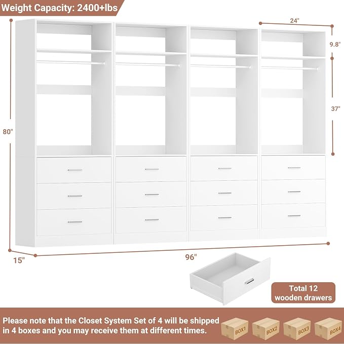 Besiost Closet System Set of 4, 8FT Closet Systems with 12 Wood Drawers, 96" Closet Organizer System with 4 Hanging Rods & 4 Shelves, Heavy Duty 96 Inch Walk-in Closet, White (96"L x 15" W x 80" H)