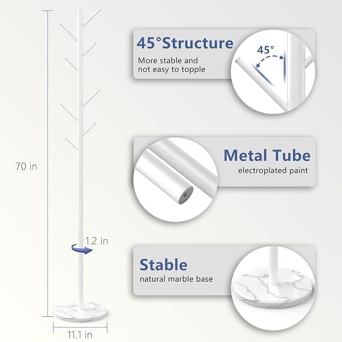 Durmmur Heavy Duty Coat Rack with Natural Marble Base, 8 Metal Hooks, White | Freestanding Coat Rack, Adjustable to 39, 54 or 70 in, Metal Coat Tree for Coats, Bags & Hats in Entryway, Bedroom & Office
