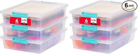 IRIS USA 6 Qt. Craft Storage Bins with Lids, 6-Pack, |Made in USA|, Clip Box, Small Plastic Sensory Bin Tote Organizer Containers for Art Supplies, Paper, & Office, Stackable - Clear/Seafoam Blue