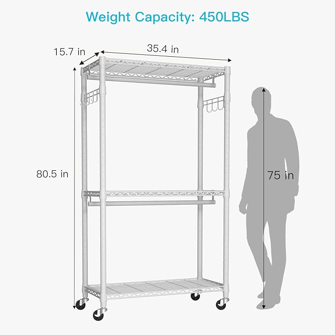 FUTASSI P1 Heavy Duty Garment Rack, 3 Tiers Adjustable Rolling Metal Closet | White Clothing Organizer with Lockable Wheels, Free-Standing Wardrobe with Double Hanger Rods and Hooks, Max Load 450lbs