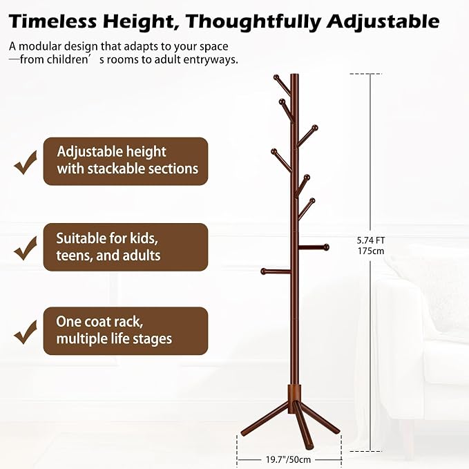 Wooden Coat Rack Freestanding, Adjustable Height Solid Wood Clothes Stand with 8 Ball-End Hooks, Stable Tripod Base, 5.7FT Floor Coat Tree for Entryway Bedroom Office, Brown