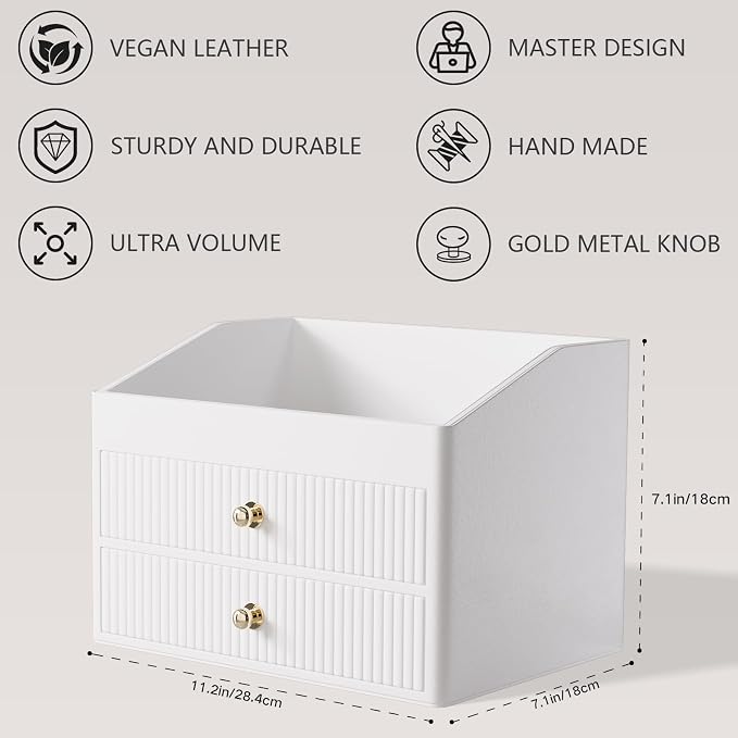 LADSTAG Makeup Organizer Countertop,Leather Makeup Storage with 2 Drawers,Large Capacity Beige White Make up Organizers for Counter,Bedroom,Bathroom,Birthday Gifts for Women
