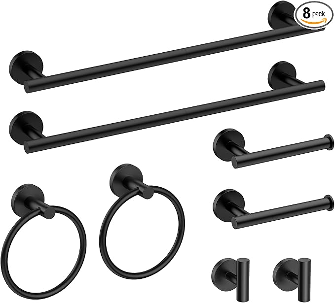 USHOWER 8PCS Matte Black Bathroom Hardware Set, 18-Inch Towel Bar Set | Durable SUS304 Stainless Steel Bathroom Accessories Set, Towel Racks for Bathroom Wall Mounted, Modern Home Decor