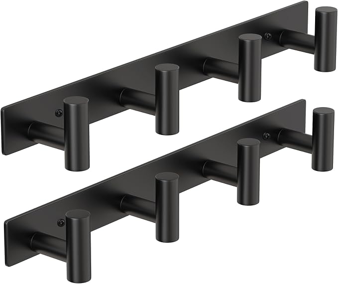 PMMASTO Coat Rack Wall Mounted, 4 "T Shaped Wall Hooks for Hanging, Heavy Duty Stainless Steel Coat Hook Rail for Hat Towel Robes in Bathroom Kitchen Mudroom Entryway (Black, 2PC)