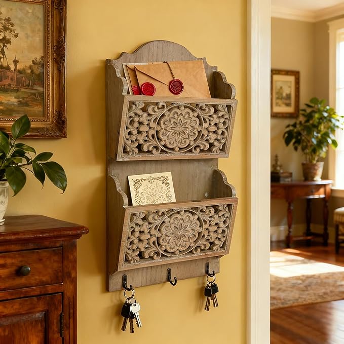 Rustic Key and Mail Holder for Wall Home Decorative,2-Slot Mail Organizer Wall Mount with 3 Hooks, Wooden Key Hangers Wall File Organizer Letter Sorter for Letter Magazines（Brown）