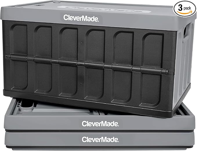 CleverMade Collapsible Storage Bins with Lids, 46L, 3 Pack, Stone | Each bin supports 75 lb and stacks with or without its lid. The lid stores underneath, and the crate folds to 2.5 inches.