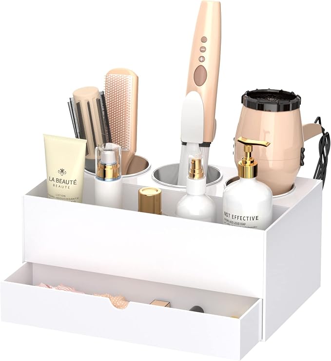 NIUBEE Acrylic Hair Tool Organizer with Drawer, Hair Dryer Holder Organizer | White, Hot Tools Organizer Countertop with 3 Cups, Hair Blow Dryer Storage for Curling Iron, Brush, Straightener, Bathroom