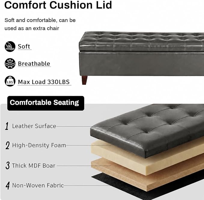 Ottoman with Storage 51 Inch End of Bed Storage Ottoman Bench | Faux Leather Upholstered Ottomans with Hinged Lid, Rectangle Long Foot Rest Bench for Entryway Living Room Bedroom Gray