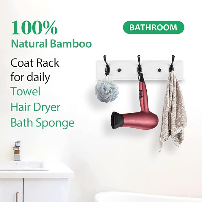 Badiano Wooden Coat Rack, Wall-Mounted Organizer for Closet, Entryway, Hallway, Foyer, Bedroom, Heavy Duty Double Hooks for Hanging Towels, Bags, Hats, Jackets, Key (WhiteBlack, 3 Hooks)