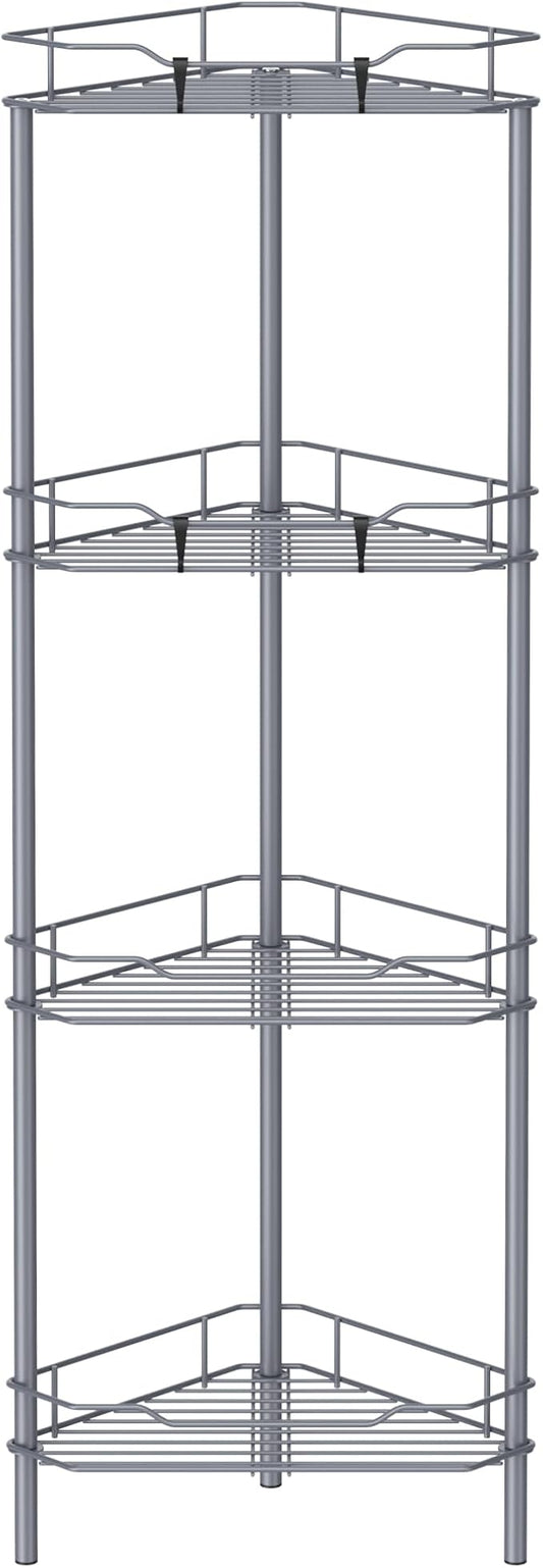 HuggieGems 4 Tier Floor Standing Corner Shower Caddy Organizer Shelf with Hooks, Bathroom Shelves Stand Rack, Dark Gray